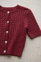 Burgundy Cable-Knit Wool Blend Fitted Short-Sleeve Cardigan Flowering Girl