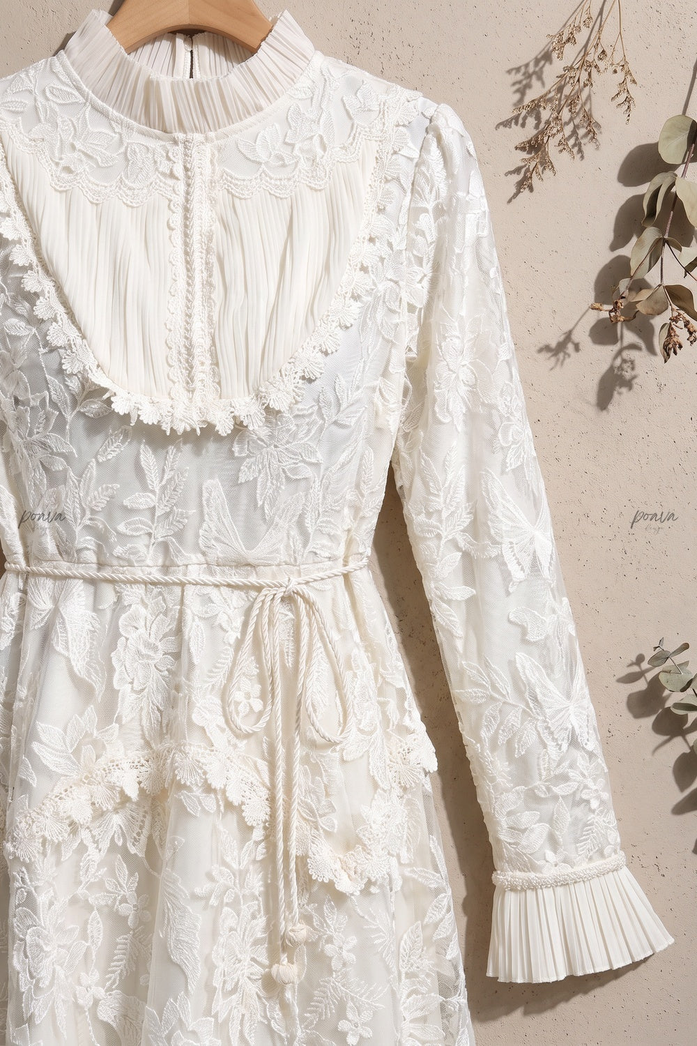 Ivory Floral Embroidered Lace A-line Maxi Dress with Tiered Waist Overlay Flowering Girl