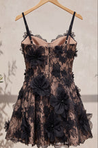 Black Lace Fit-and-Flare Mini Dress with 3D Floral Appliqués Flowering Girl