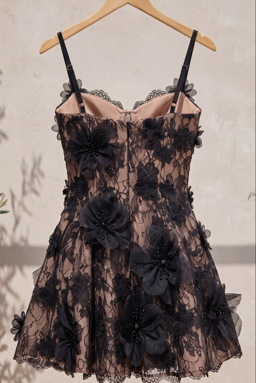 Black Lace Fit-and-Flare Mini Dress with 3D Floral Appliqués Flowering Girl
