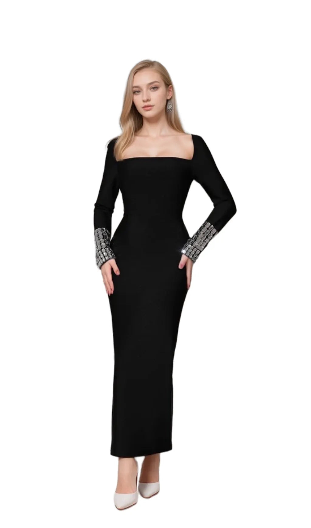 breenda square neck diamond tight bandage maxi dress in black Flowering Girl