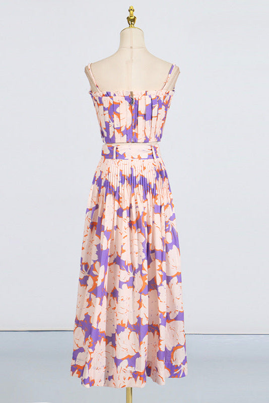 Pleated Floral-Print Linen Bustier Top Skirt Set In Blue Flowering Girl