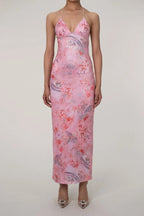 Printed Strappy Butterfly Backless Plunge Sheath Slip Maxi Dress Flowering Girl