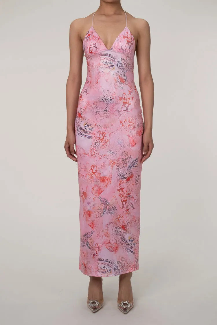 Printed Strappy Butterfly Backless Plunge Sheath Slip Maxi Dress Flowering Girl