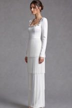 White Structured Crepe Column Gown with Tiered Fringe Flowering Girl