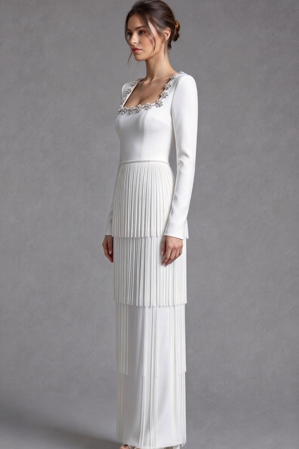 White Structured Crepe Column Gown with Tiered Fringe Flowering Girl