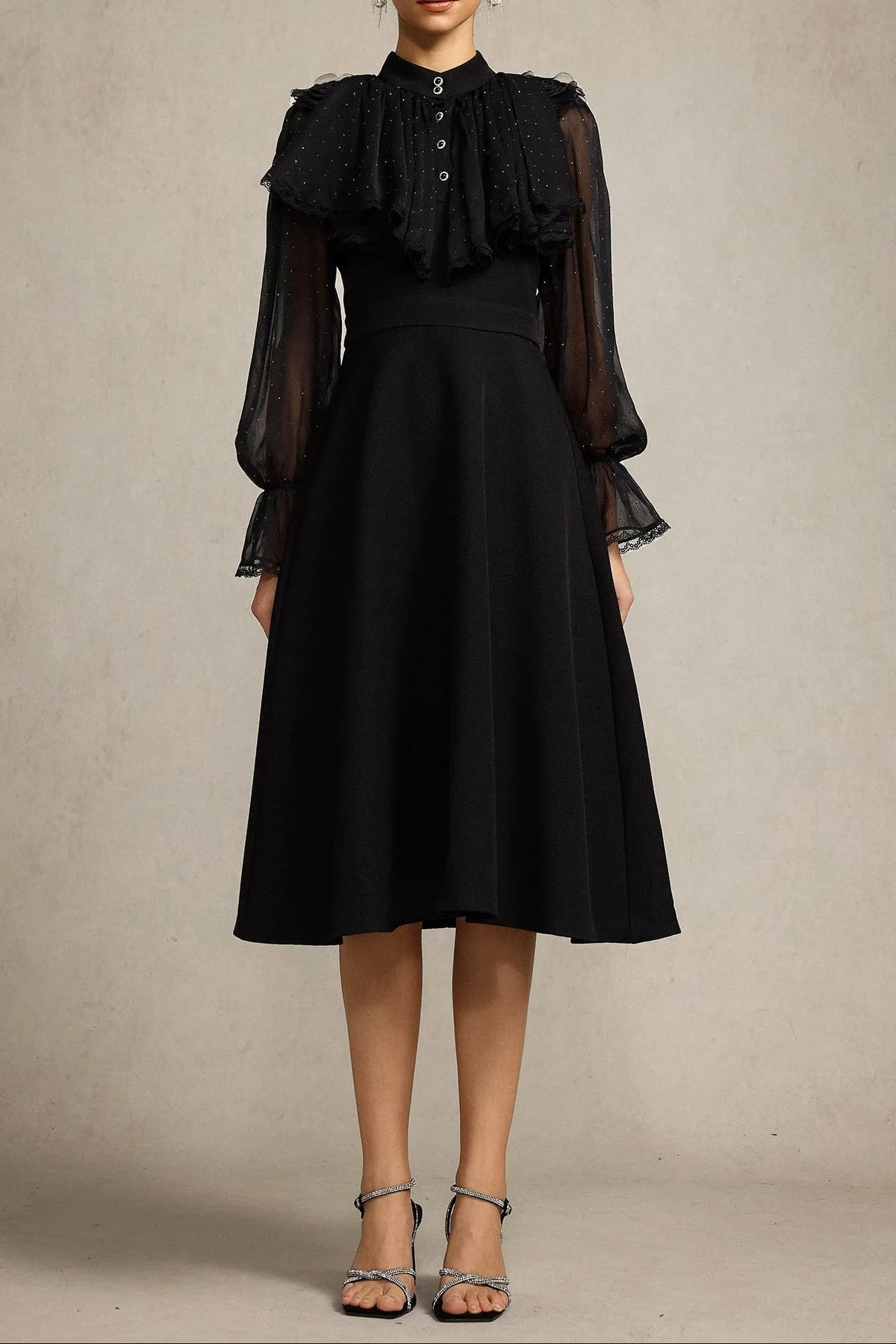Helen Long Sleeves Diamond Artificial Feather Black Top And Skirt Two-Piece Set Flowering Girl