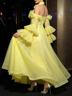Melek Yellow Halter Flower Long Sleeve Maxi Dress Flowering Girl