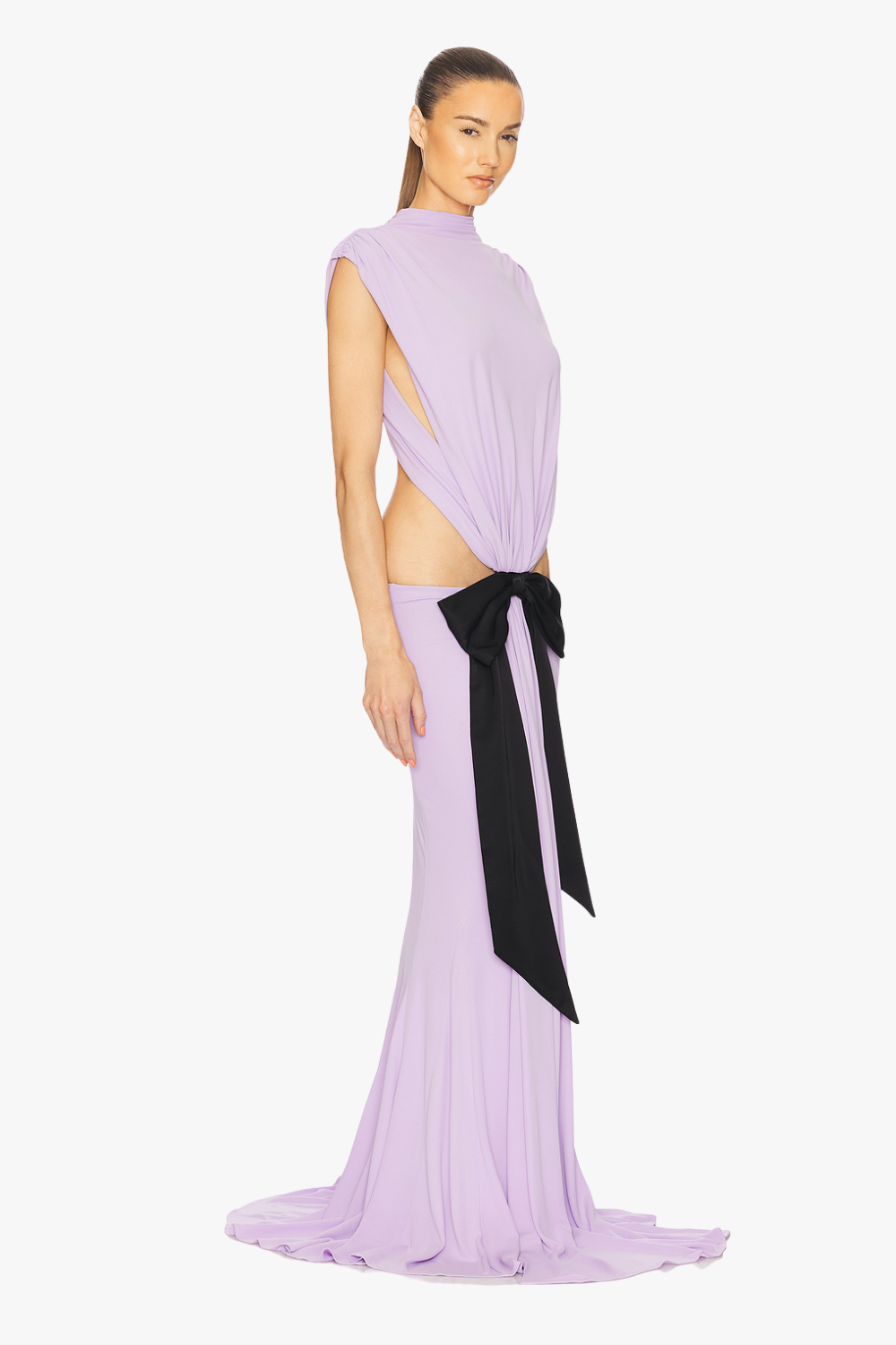 bernice Bow Patch Cut Backless Maxi Dress in purple Flowering Girl