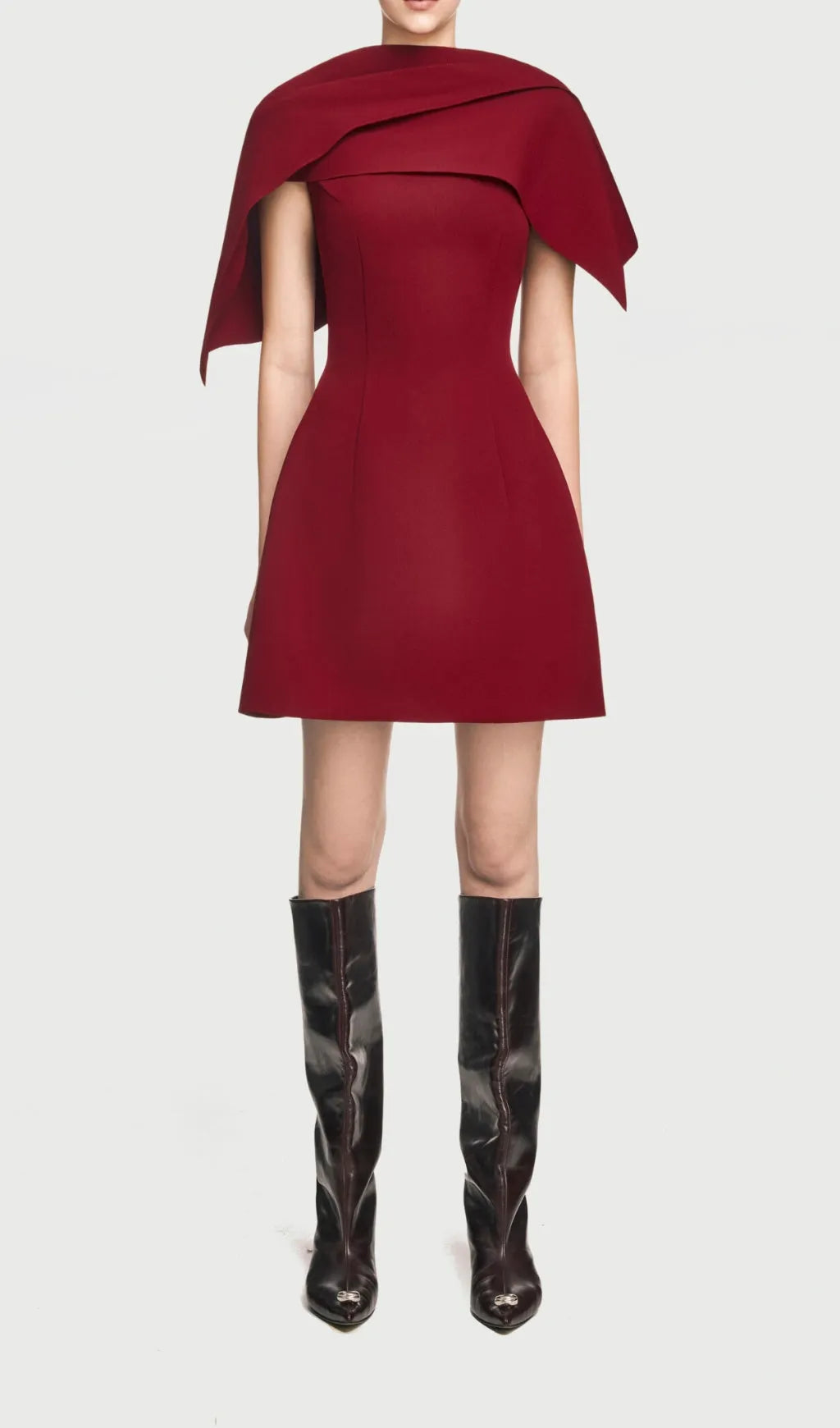 A-line Red mini dress with asymmetrical shoulder pleat Flowering Girl