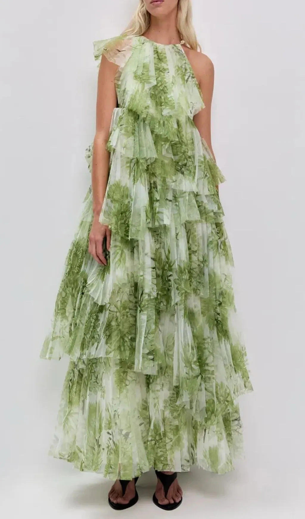 Claire Green Floral Print Pleated Layer Maxi Dress Flowering Girl