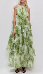 Claire Green Floral Print Pleated Layer Maxi Dress Flowering Girl