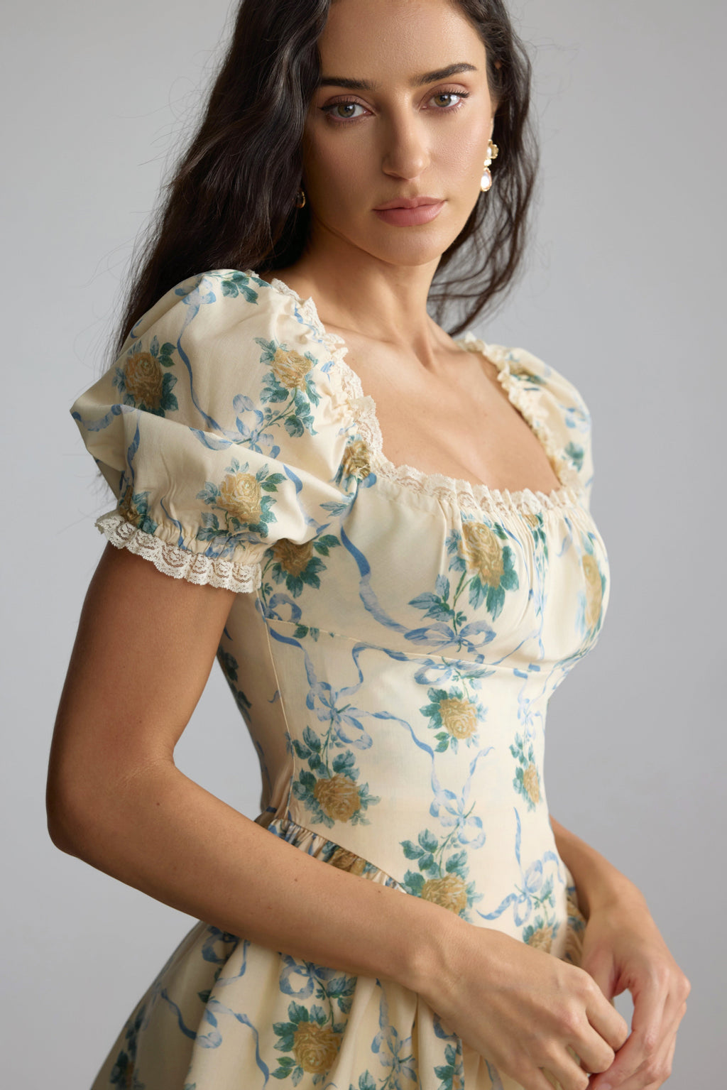 Beverly Floral Print Square Neck Mini Dress In Yellow Flowering Girl