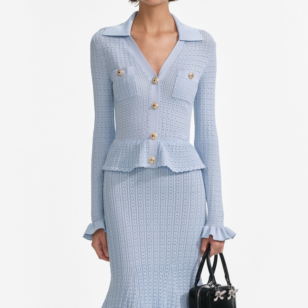 Lillian Blue Pointelle Peplum Knit Midi Dress Flowering Girl