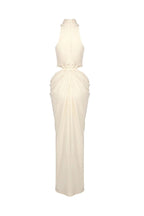 Stephanie Cutout Waist Halter Maxi Dress In Beige Flowering Girl