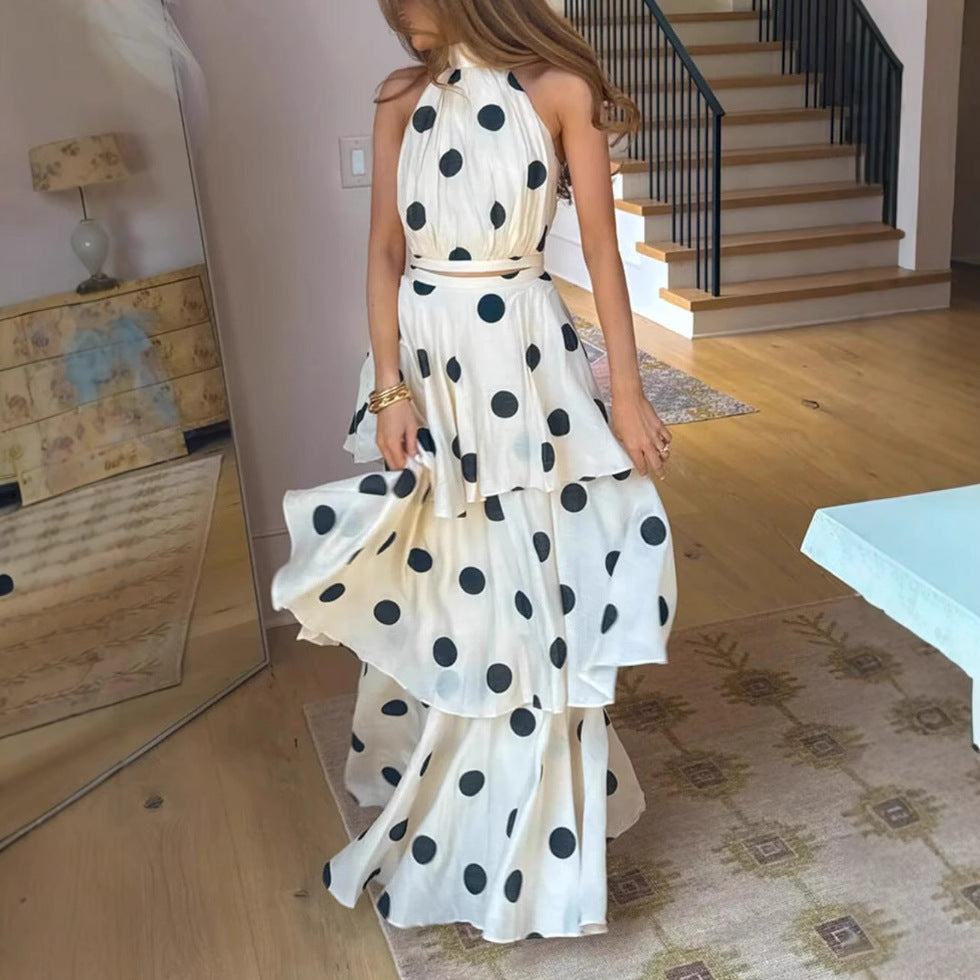 Polka Dot Print Halterneck Sleeveless Top Skirt Set Flowering Girl