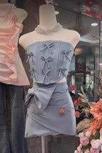 Bow Embellished Two-Piece Set In Blue Flowering Girl