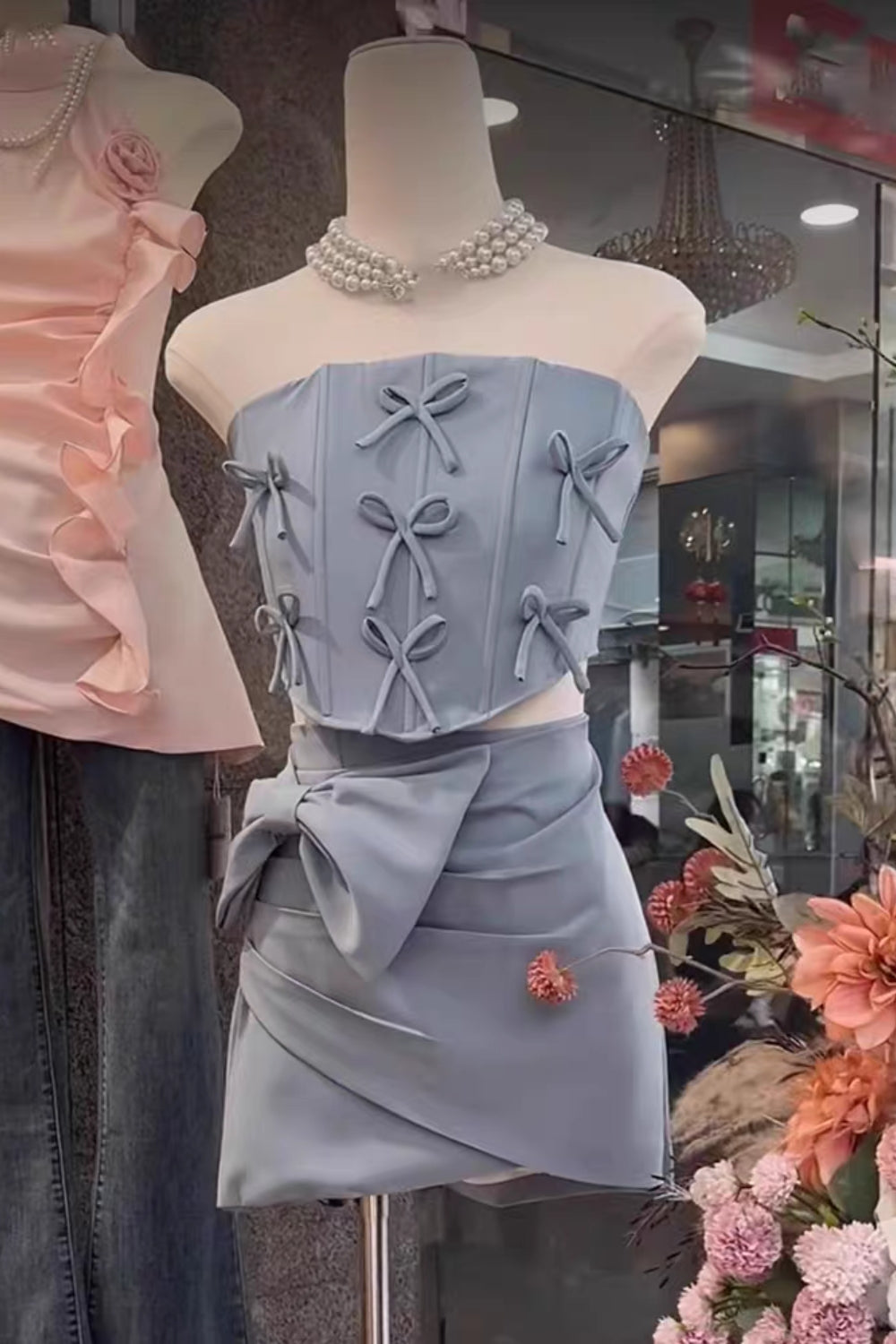 Bow Embellished Two-Piece Set In Blue Flowering Girl
