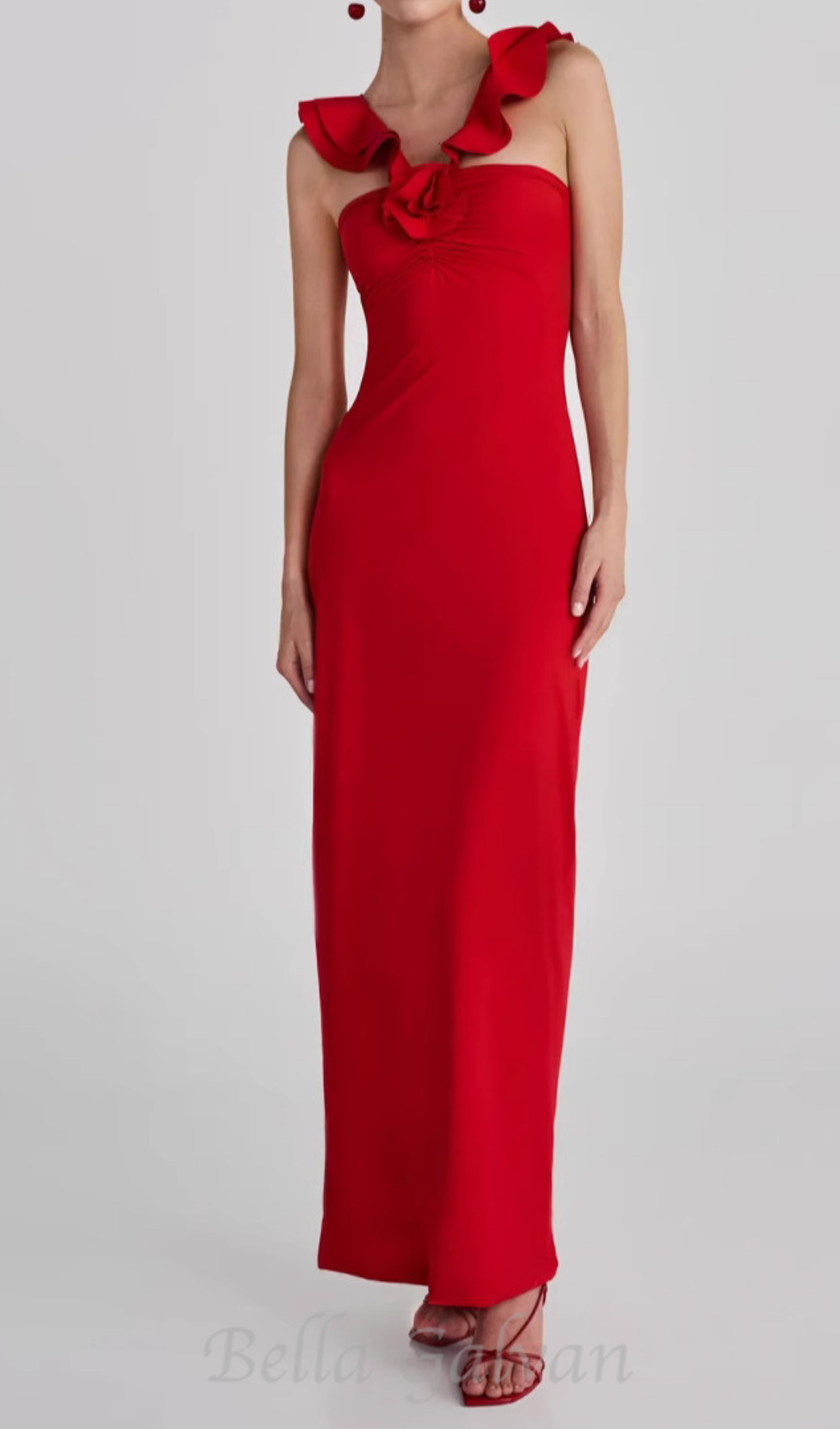 floral ruffle trim halter midi dress in red Flowering Girl