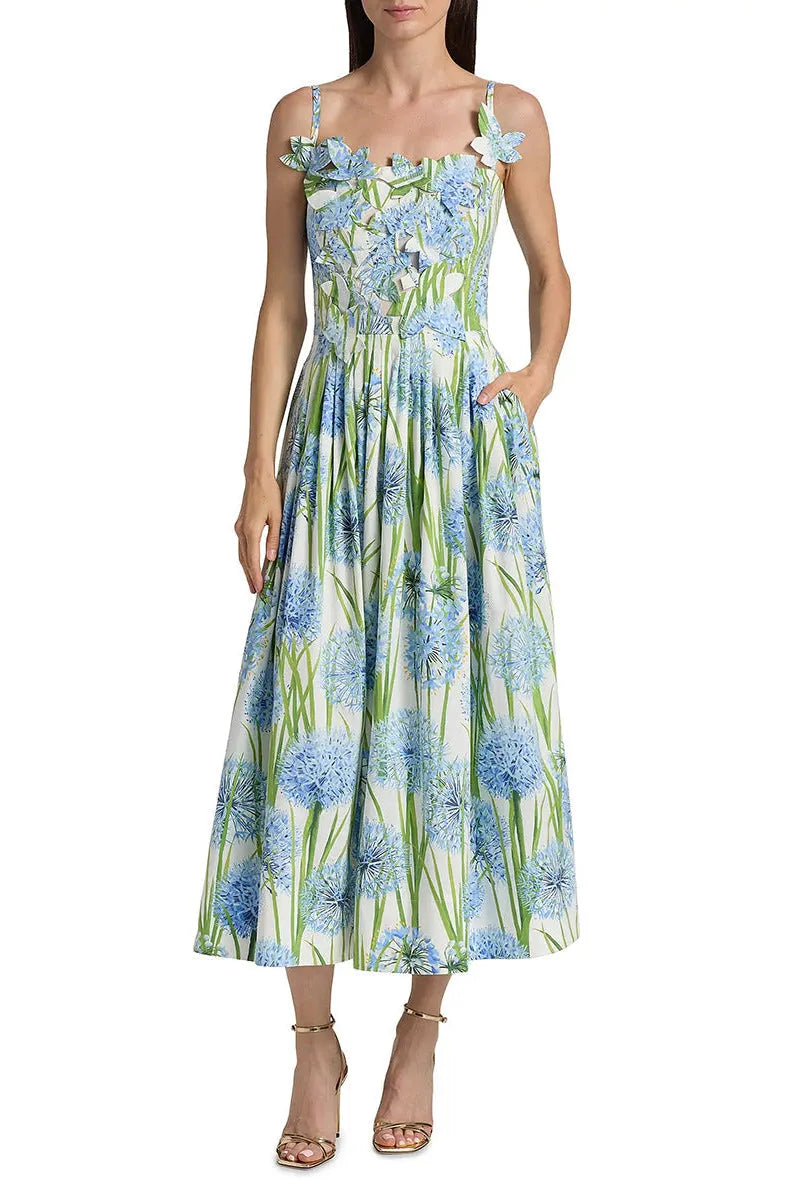 Jolie Multicolor Floral Bow Embroidered Poplin Midi Dress Flowering Girl