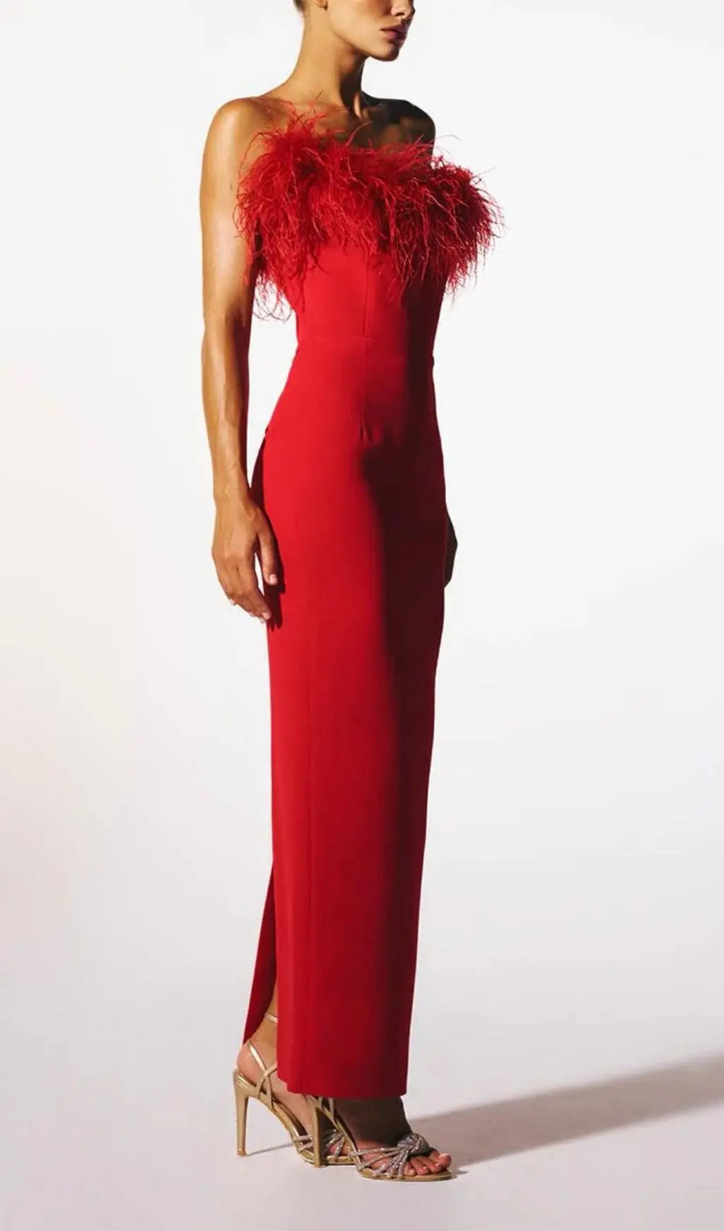 Stretch Strapless Feather Trimmed Gown In Red Flowering Girl