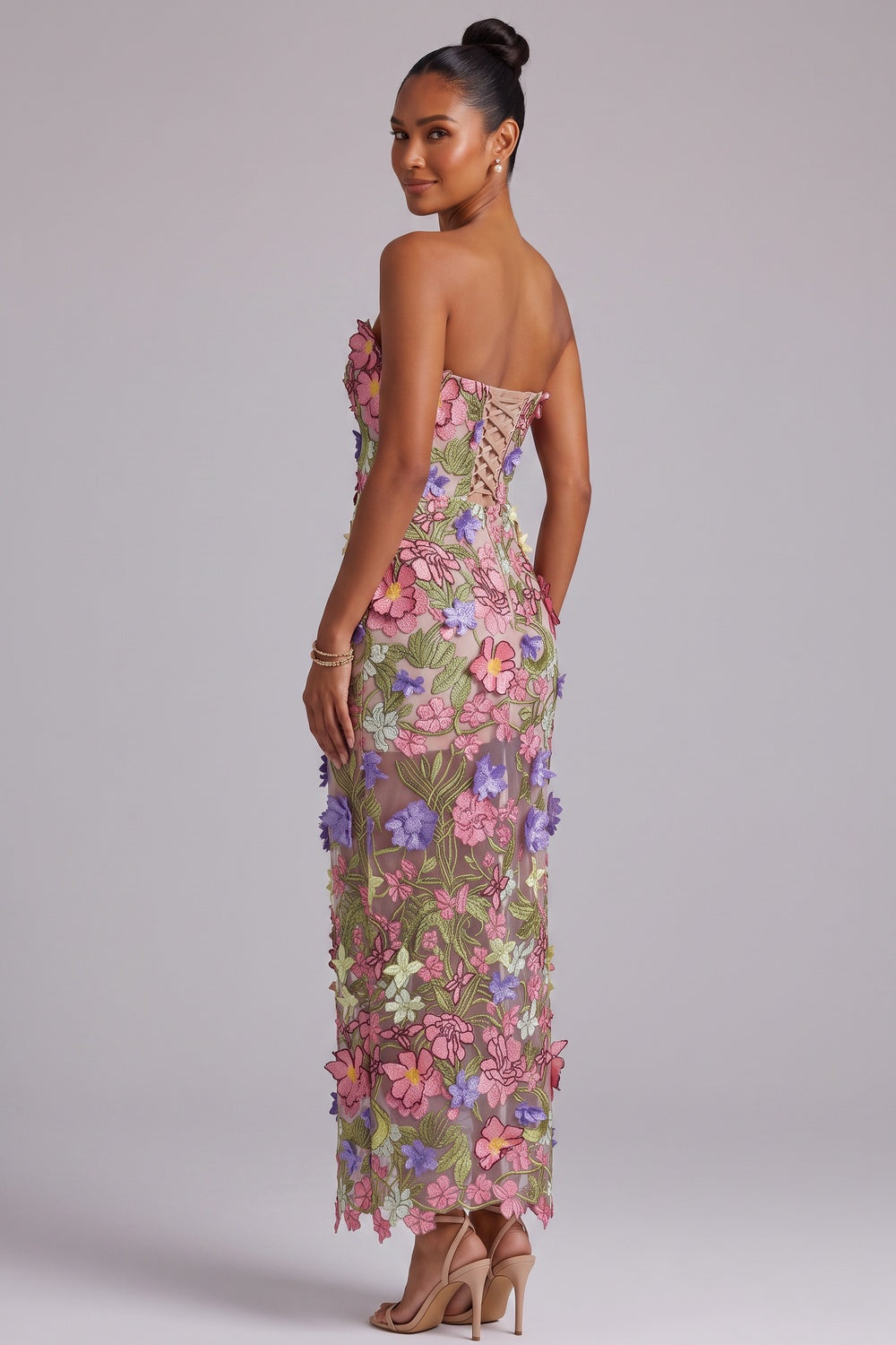 3D Floral Appliqué Strapless Maxi Dress Flowering Girl