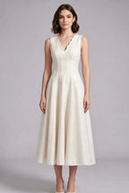 Ivory Textured Woven A-Line Midi Dress with Back Bow Flowering Girl