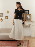 Black Square Neck White Cuff Gold Button Short Jacket & White Pleated Midi Skirt Two-Piece Set Flowering Girl