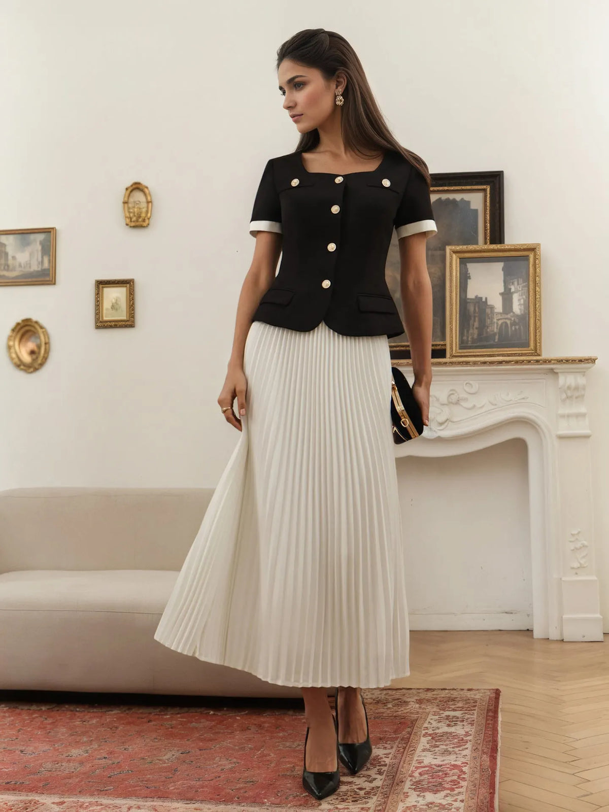 Black Square Neck White Cuff Gold Button Short Jacket & White Pleated Midi Skirt Two-Piece Set Flowering Girl