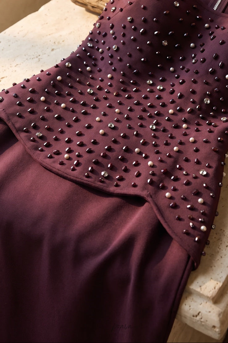 Dark Plum Structured Crepe Column Evening Gown with Peplum Bodice Flowering Girl