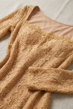 Camel Floral Lace Midi Dress, Square Neck Long Sleeve Bodycon Formal Dress Flowering Girl