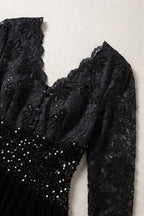 Black Velvet A-Line Midi Dress with Floral Lace and Sequin Waist Flowering Girl