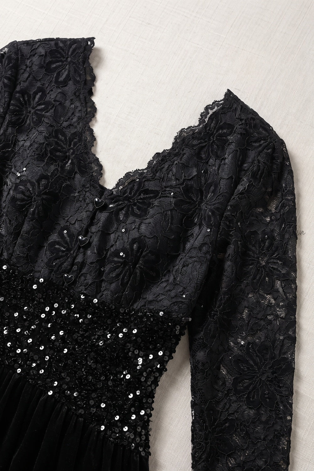 Black Velvet A-Line Midi Dress with Floral Lace and Sequin Waist Flowering Girl