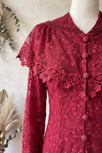 Deep Red Embroidered Floral Lace A-Line Midi Dress Flowering Girl