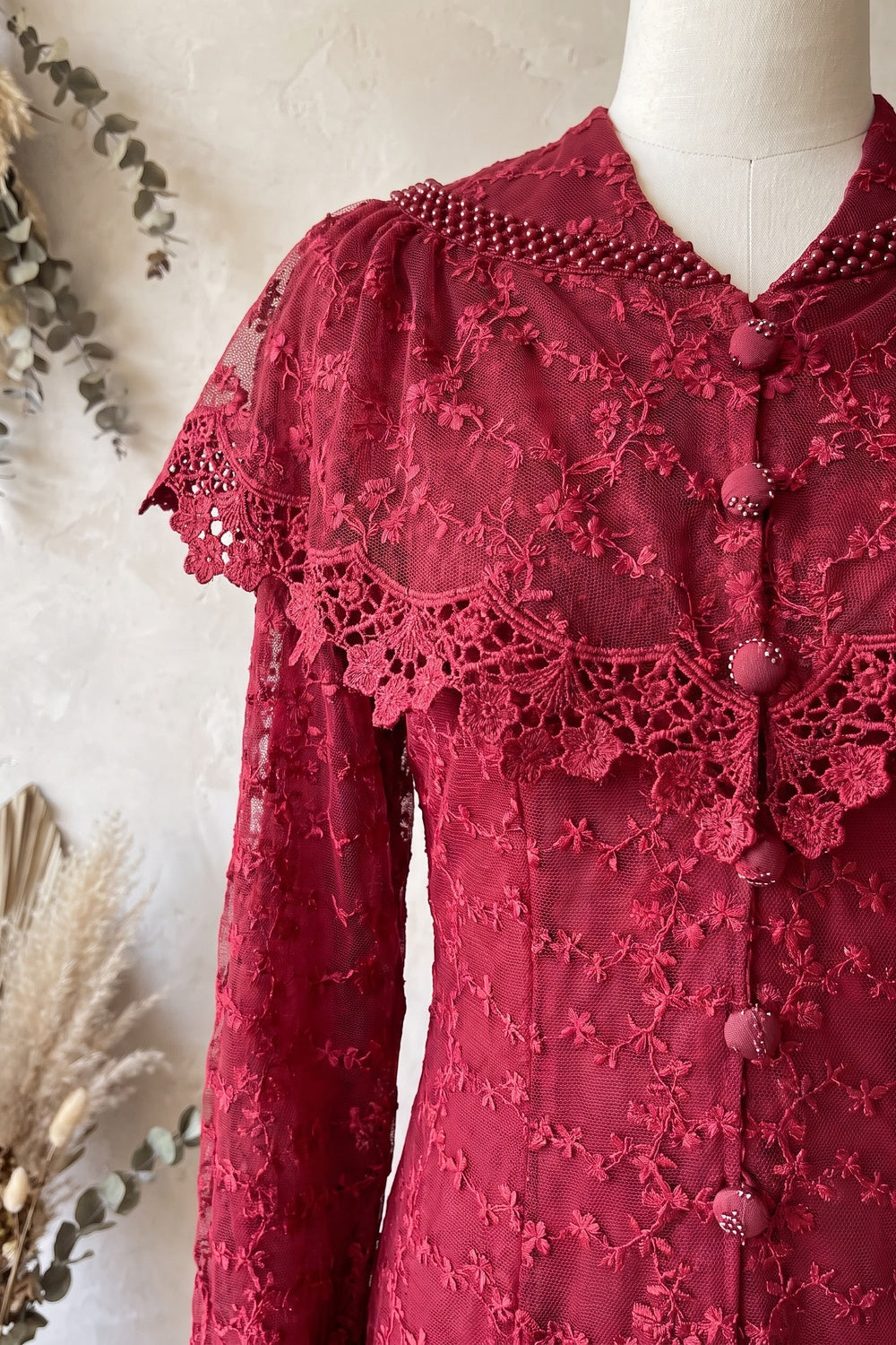 Deep Red Embroidered Floral Lace A-Line Midi Dress Flowering Girl