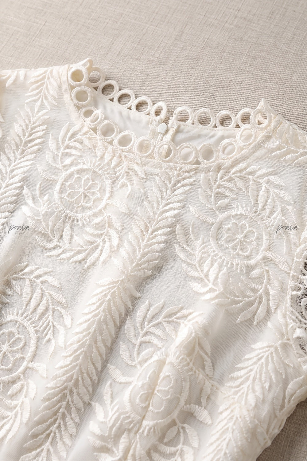 Off-white embroidered lace on mesh base tiered A-line maxi dress Flowering Girl