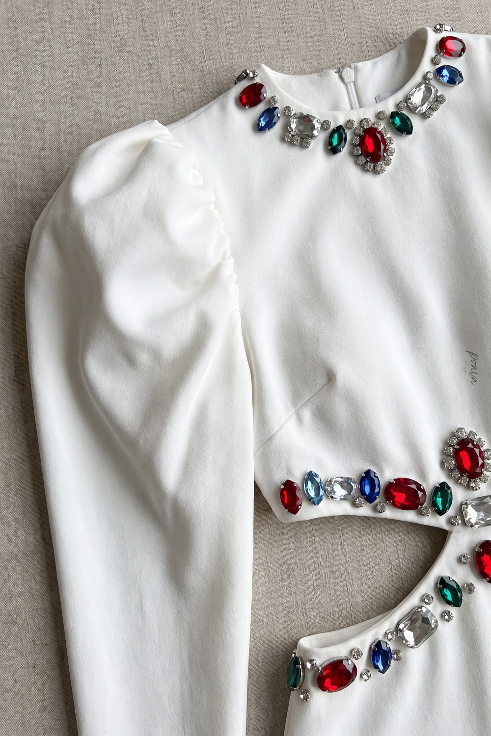 White Heavy Crepe Column Maxi Dress with Puff Shoulders and Crystal Cutouts Flowering Girl