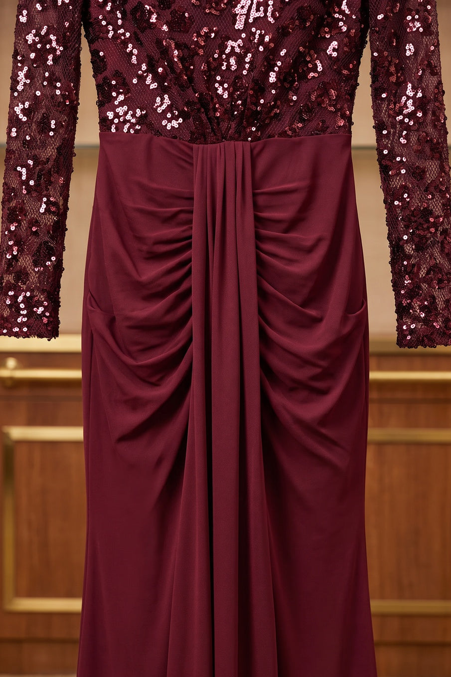 burgundy sequined mesh column evening gown Flowering Girl