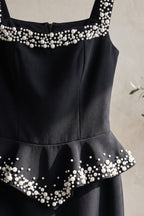 Black Heavy Crepe Column Gown with Structured Peplum and Pearl Embellishments Flowering Girl