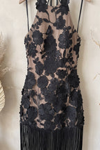 Black Floral Lace Applique Mesh Fitted Halter Mini Dress with Floor-Length Fringe Flowering Girl