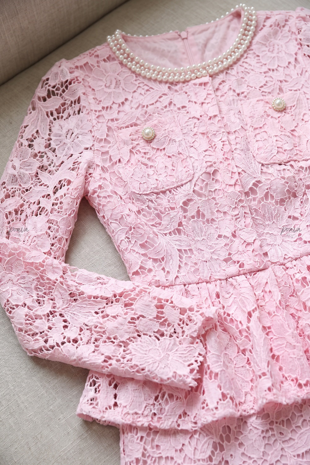 Light Pink Floral Lace Two-Piece Peplum Top and Midi Pencil Skirt Set Flowering Girl