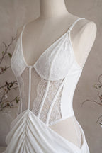 White Crepe Maxi Dress with Corset Lace Bodice and Draped Skirt Flowering Girl