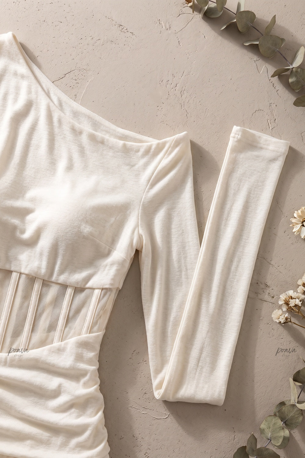 Cream Asymmetrical Off-The-Shoulder Maxi Dress with Sheer Corset Waist Flowering Girl