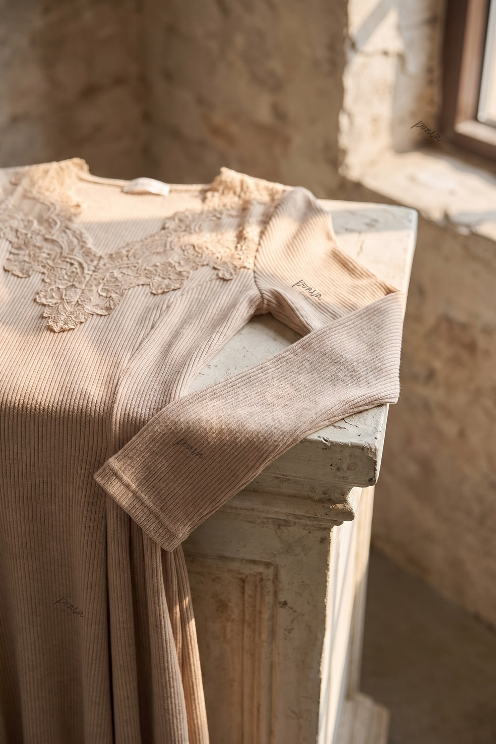 Beige Ribbed Knit A-Line Maxi Dress with Lace Applique Flowering Girl