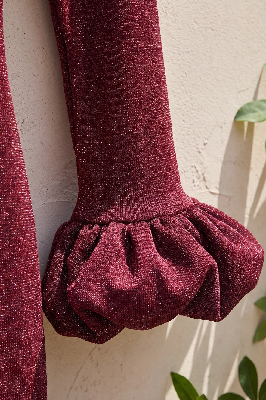 Burgundy Lurex Knit Fitted Bodycon Dress with Voluminous Bubble Hem Flowering Girl