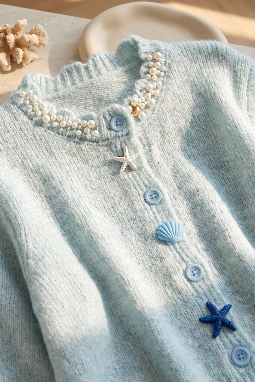 Light Blue Fuzzy Mohair-Blend Cropped Cardigan Flowering Girl