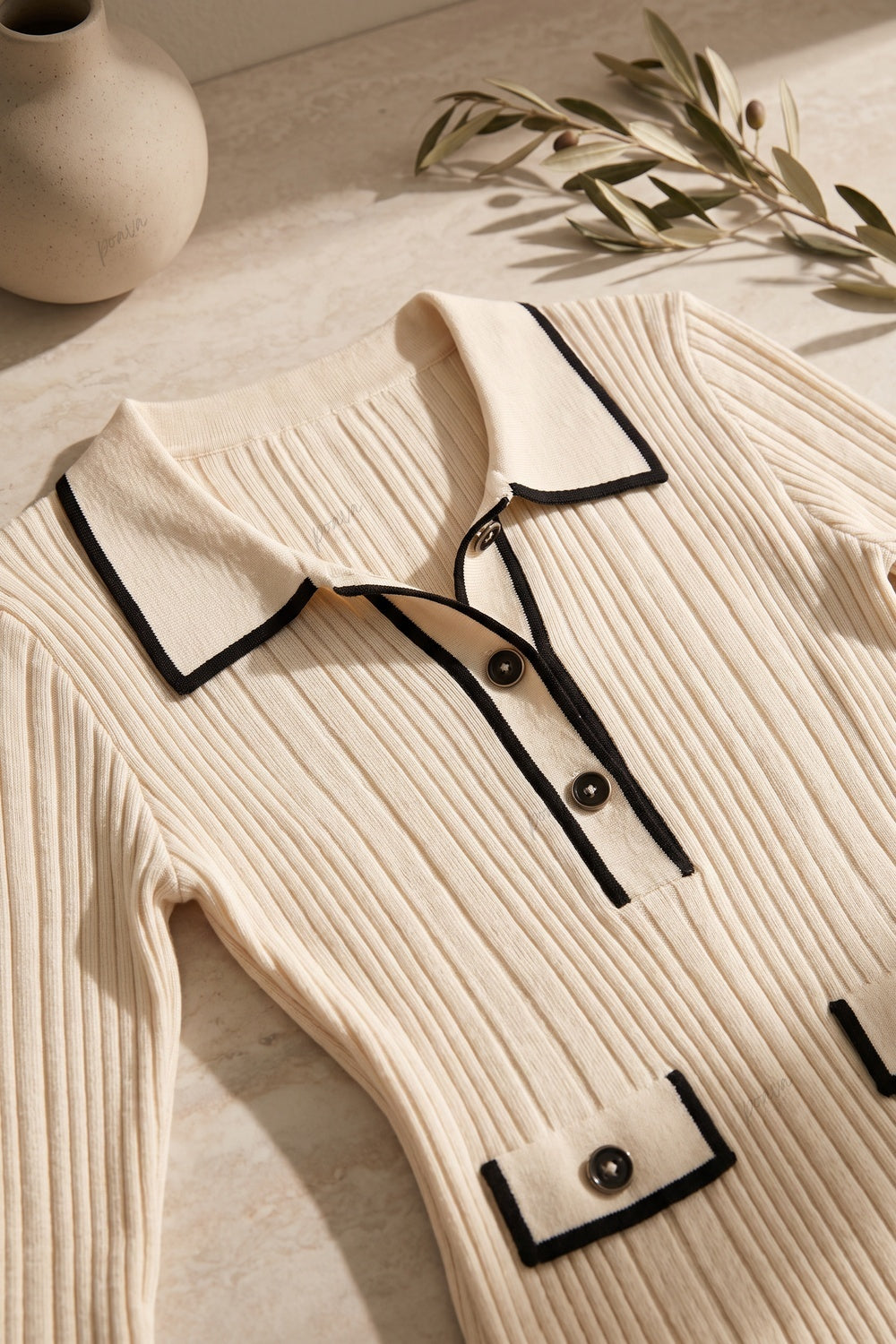 Cream Ribbed Knit Column Dress with Black Contrast Trim Flowering Girl