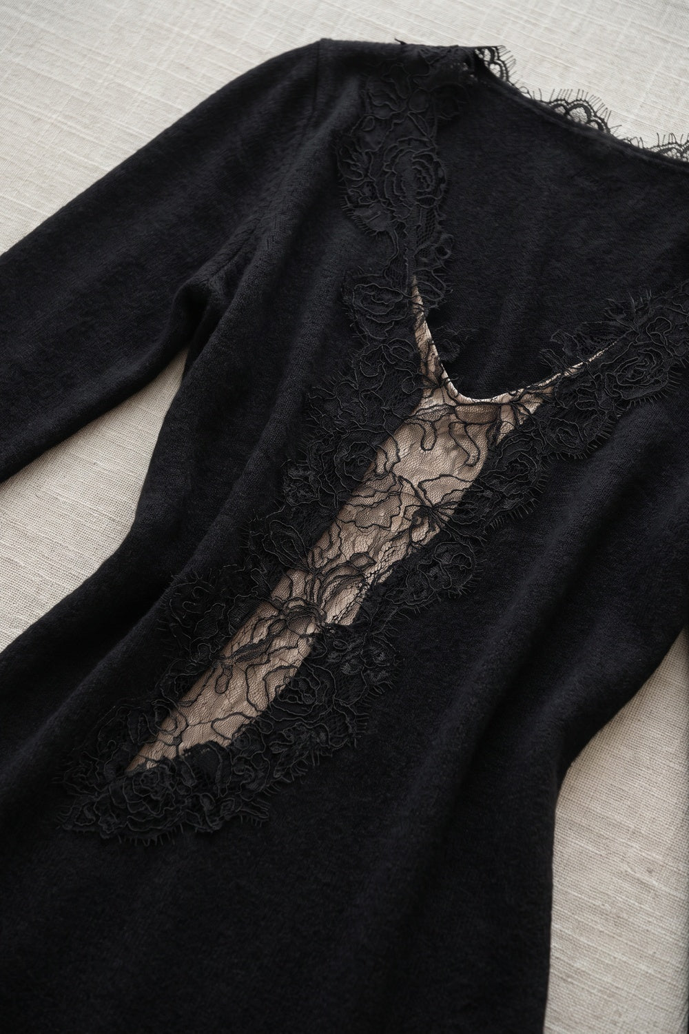Black Fine Knit Slim-Fit Sheath Mini Dress with Lace Trim Flowering Girl