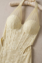Pale Yellow Floral Lace Mermaid Gown Flowering Girl