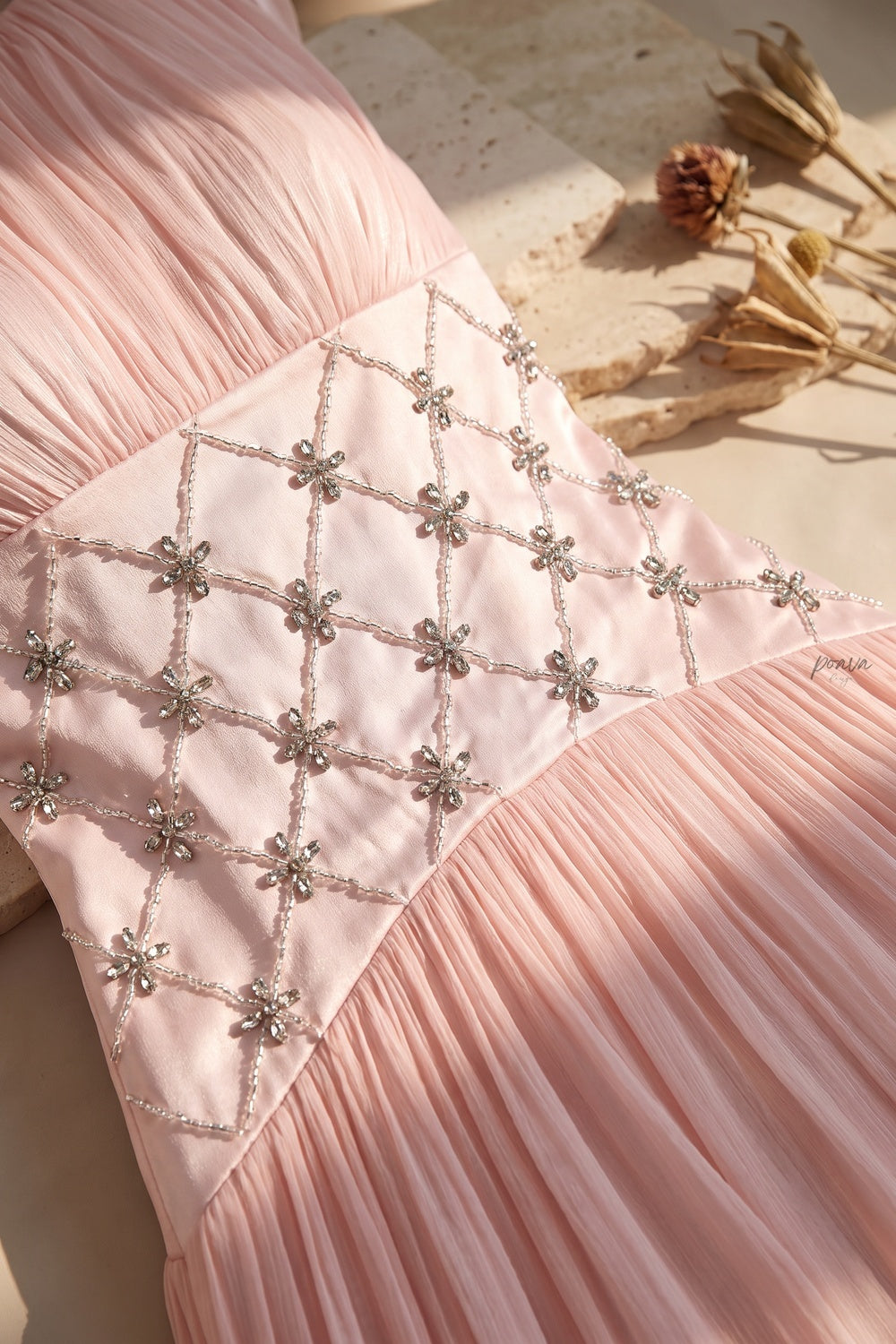 Pale Pink Chiffon A-Line Maxi Dress with Embellished Waist Flowering Girl